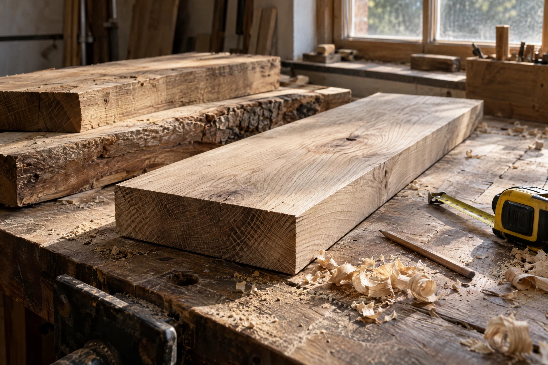Tavole di legno sul banco da lavoro